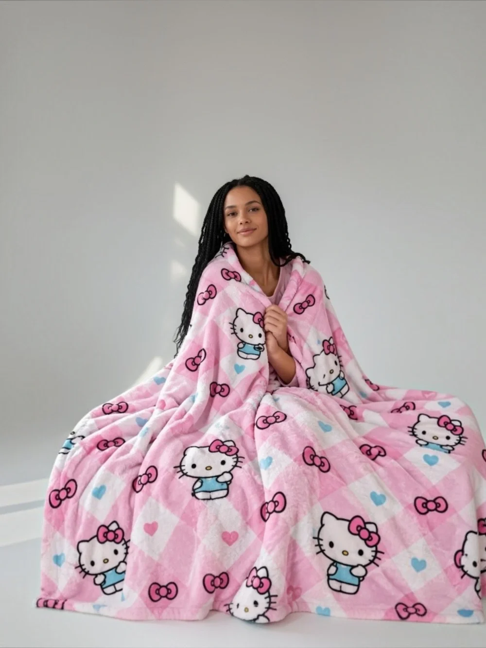 Sanrio Bedding Hello Kitty Pink Plush Throw Blanket with Bow Motifs